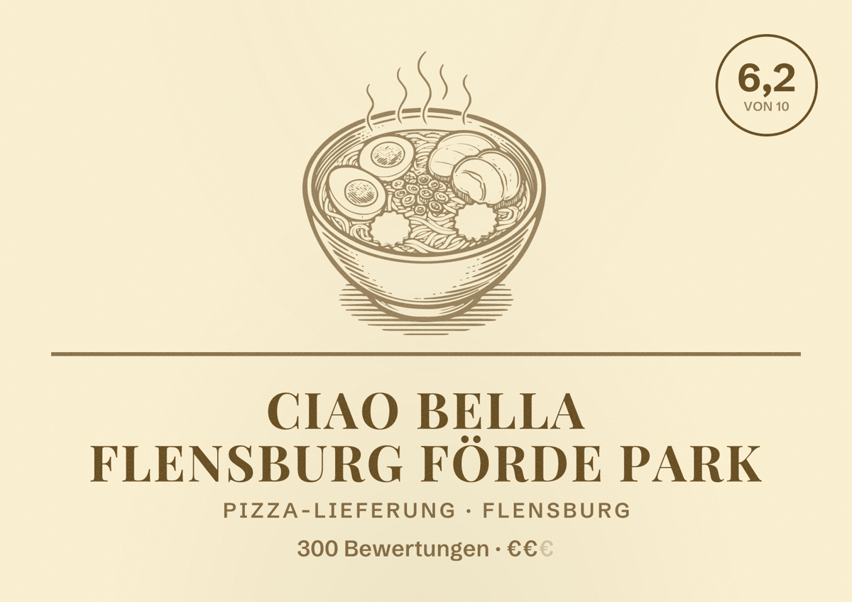 Illustriertes Poster von Ciao Bella Flensburg Förde Park, Pizza-Lieferung in Flensburg: Bewertung 6,2 von 10 aus 300 Bewertungen, Preisniveau €€