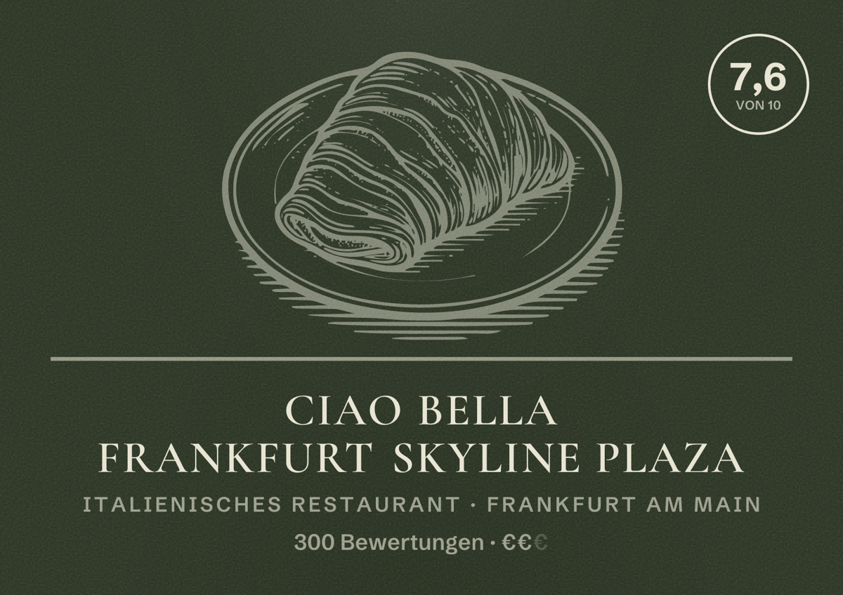 Illustriertes Poster von Ciao Bella Frankfurt Skyline Plaza, Italienisches Restaurant in Frankfurt am Main: Bewertung 7,6 von 10 aus 300 Bewertungen, Preisniveau €€