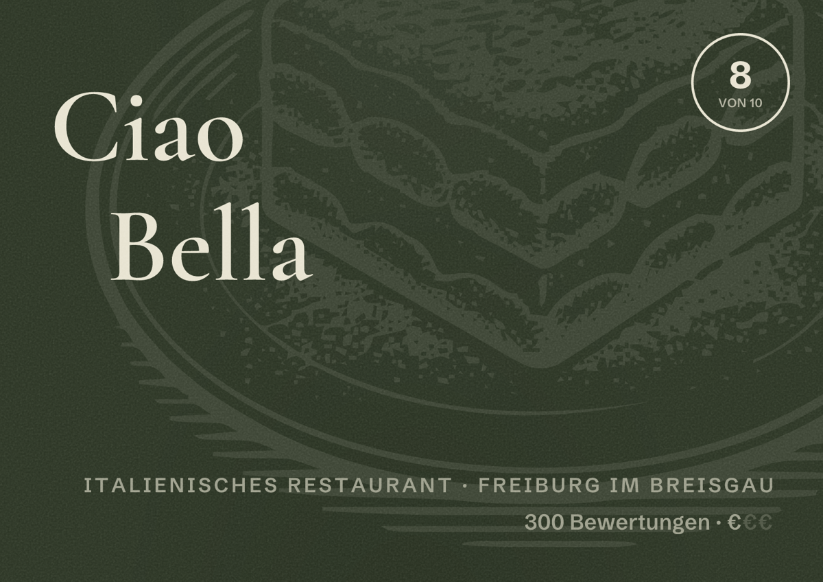 Illustriertes Poster von Ciao Bella, Italienisches Restaurant in Freiburg im Breisgau: Bewertung 8 von 10 aus 300 Bewertungen, Preisniveau €
