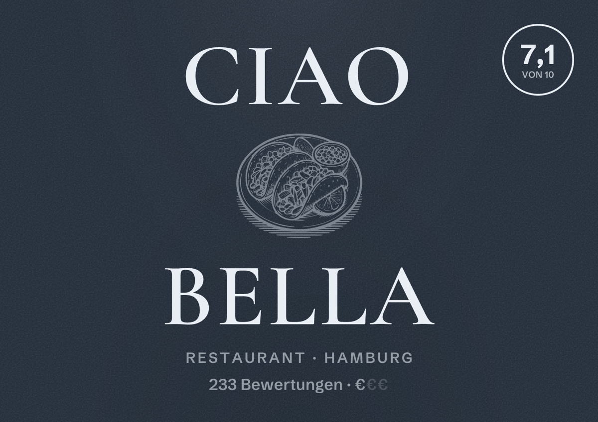 Illustriertes Poster von ciao bella, Restaurant in Hamburg: Bewertung 7,1 von 10 aus 233 Bewertungen, Preisniveau €