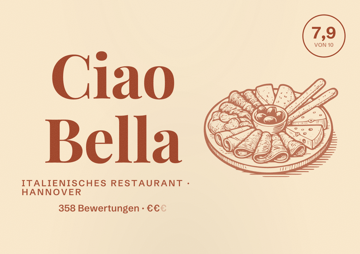 Illustriertes Poster von Ciao Bella, Italienisches Restaurant in Hannover: Bewertung 7,9 von 10 aus 358 Bewertungen, Preisniveau €€