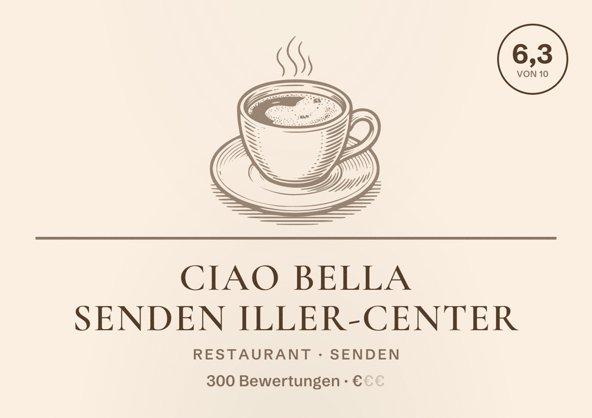 Illustriertes Poster von Ciao Bella Senden Iller-Center, Restaurant in Senden: Bewertung 6,3 von 10 aus 300 Bewertungen, Preisniveau €