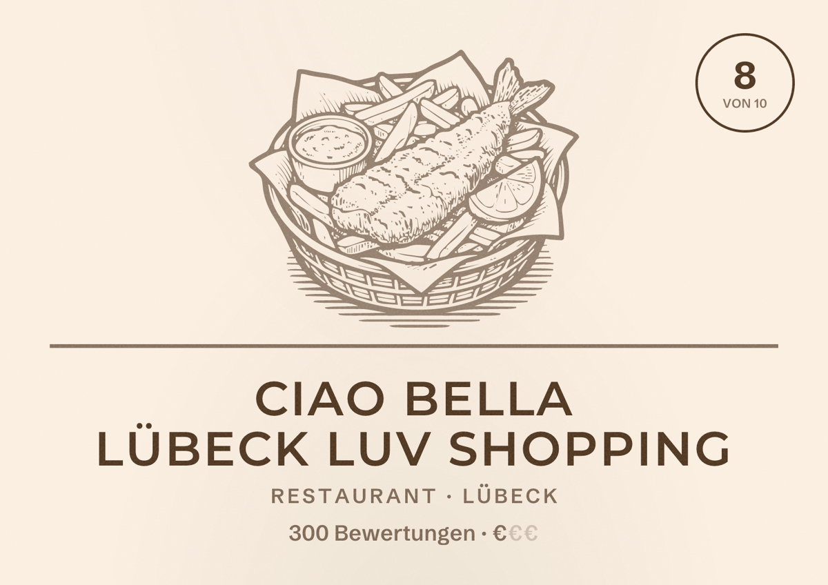 Illustriertes Poster von Ciao Bella Lübeck LUV Shopping, Restaurant in Lübeck: Bewertung 8 von 10 aus 300 Bewertungen, Preisniveau €