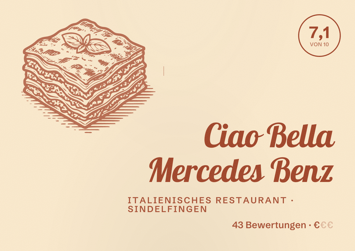 Illustriertes Poster von Ciao Bella Mercedes Benz, Italienisches Restaurant in Sindelfingen: Bewertung 7,1 von 10 aus 43 Bewertungen, Preisniveau €