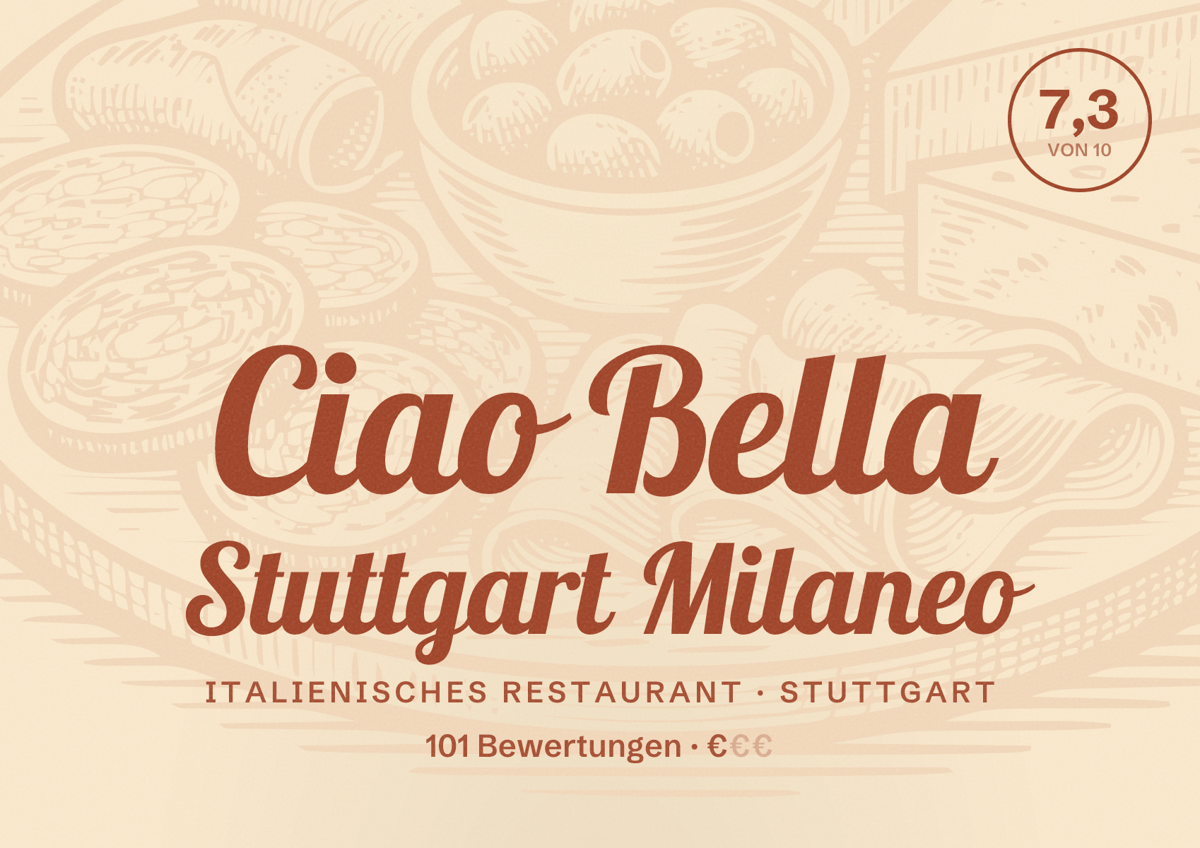 Illustriertes Poster von Ciao Bella Stuttgart Milaneo, Italienisches Restaurant in Stuttgart: Bewertung 7,3 von 10 aus 101 Bewertungen, Preisniveau €