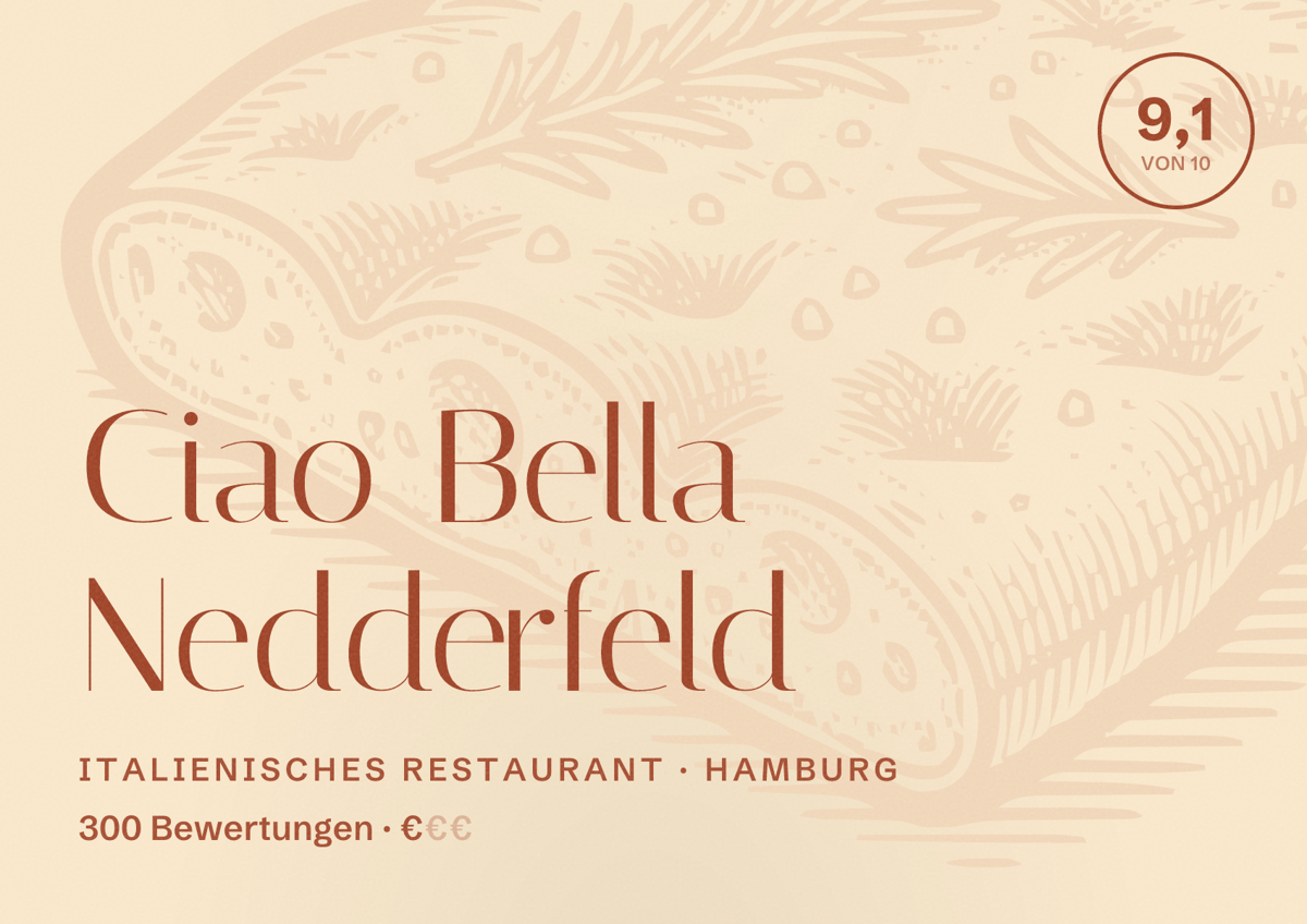 Illustriertes Poster von Ciao Bella Nedderfeld, Italienisches Restaurant in Hamburg: Bewertung 9,1 von 10 aus 300 Bewertungen, Preisniveau €