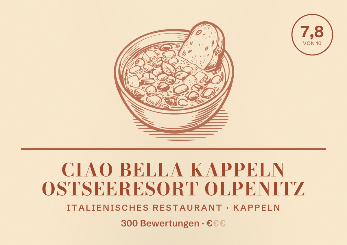 Illustriertes Poster von Ciao Bella Kappeln Ostseeresort Olpenitz, Italienisches Restaurant in Kappeln: Bewertung 7,8 von 10 aus 300 Bewertungen, Preisniveau €