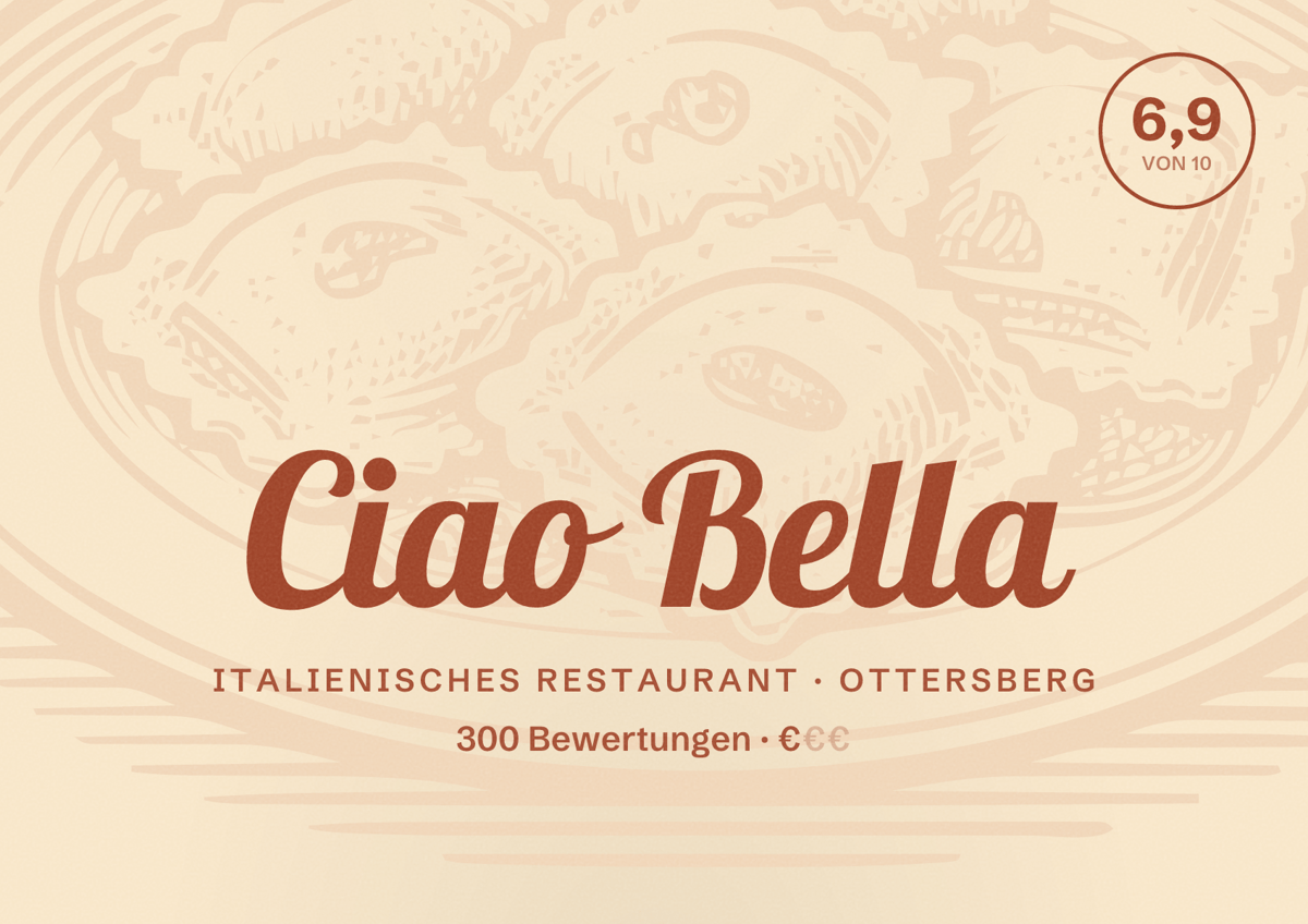 Illustriertes Poster von Ciao Bella, Italienisches Restaurant in Ottersberg: Bewertung 6,9 von 10 aus 300 Bewertungen, Preisniveau €