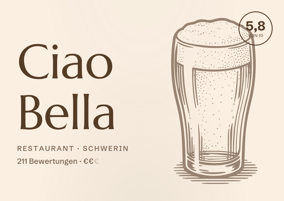 Illustriertes Poster von Ciao Bella, Restaurant in Schwerin: Bewertung 5,8 von 10 aus 211 Bewertungen, Preisniveau €€