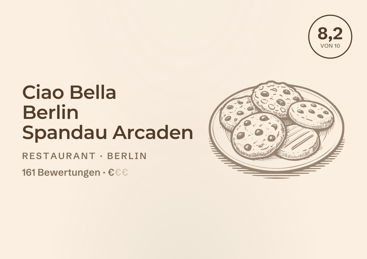 Illustriertes Poster von Ciao Bella Berlin Spandau Arcaden, Restaurant in Berlin: Bewertung 8,2 von 10 aus 161 Bewertungen, Preisniveau €
