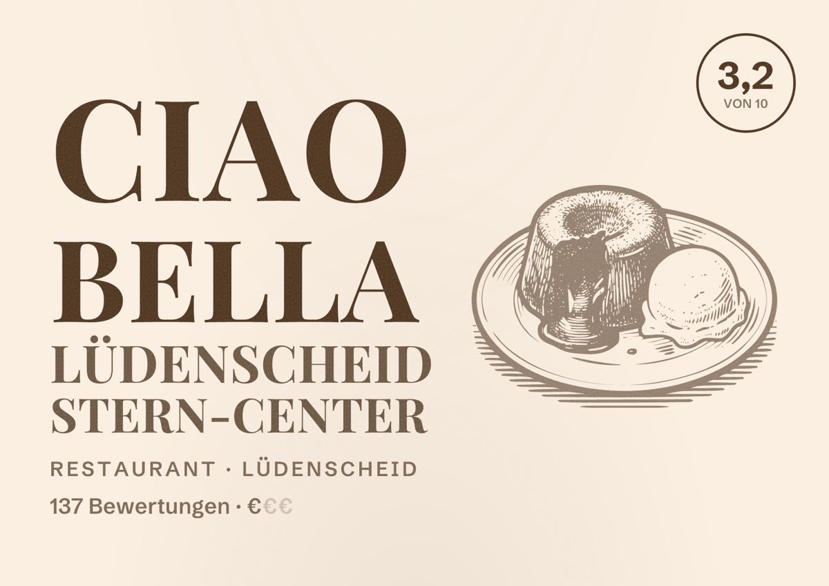 Illustriertes Poster von Ciao Bella Lüdenscheid Stern-Center, Restaurant in Lüdenscheid: Bewertung 3,2 von 10 aus 137 Bewertungen, Preisniveau €