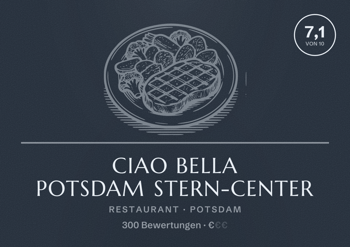 Illustriertes Poster von Ciao Bella Potsdam Stern-Center, Restaurant in Potsdam: Bewertung 7,1 von 10 aus 300 Bewertungen, Preisniveau €