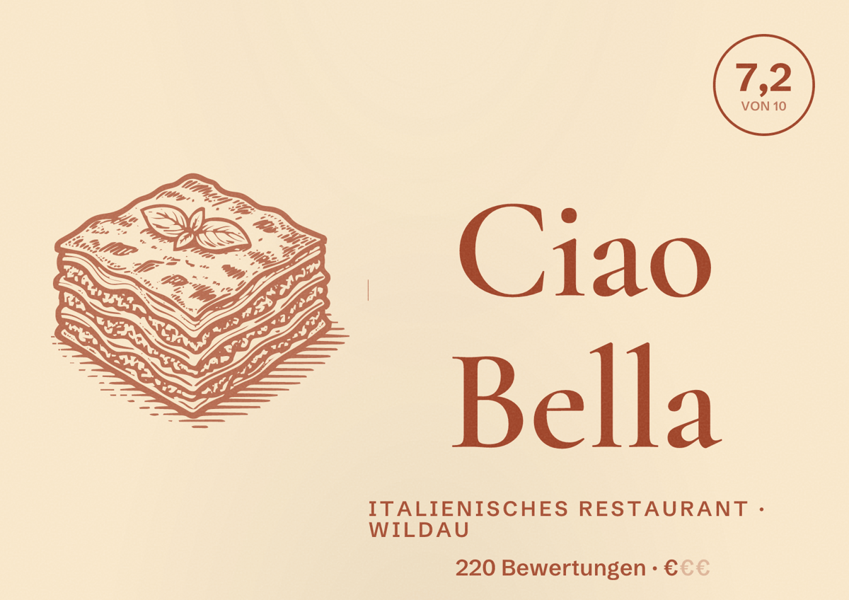 Illustriertes Poster von Ciao Bella, Italienisches Restaurant in Wildau: Bewertung 7,2 von 10 aus 220 Bewertungen, Preisniveau €