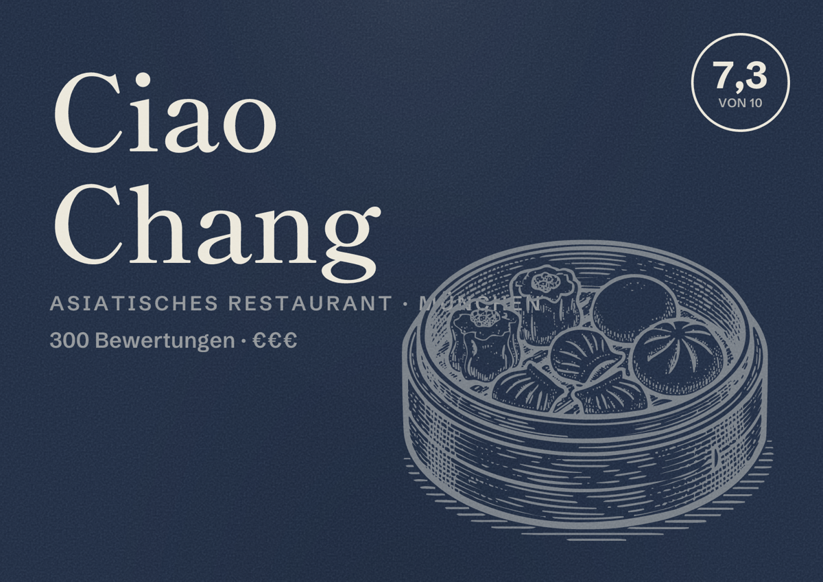 Illustriertes Poster von Ciao Chang, Asiatisches Restaurant in München: Bewertung 7,3 von 10 aus 300 Bewertungen, Preisniveau €€€