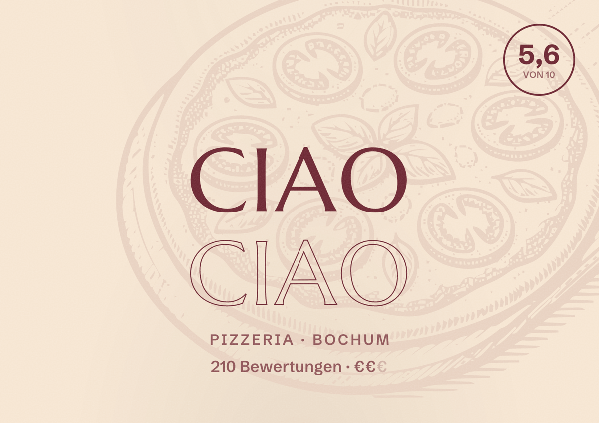 Illustriertes Poster von Ciao Ciao, Pizzeria in Bochum: Bewertung 5,6 von 10 aus 210 Bewertungen, Preisniveau €€