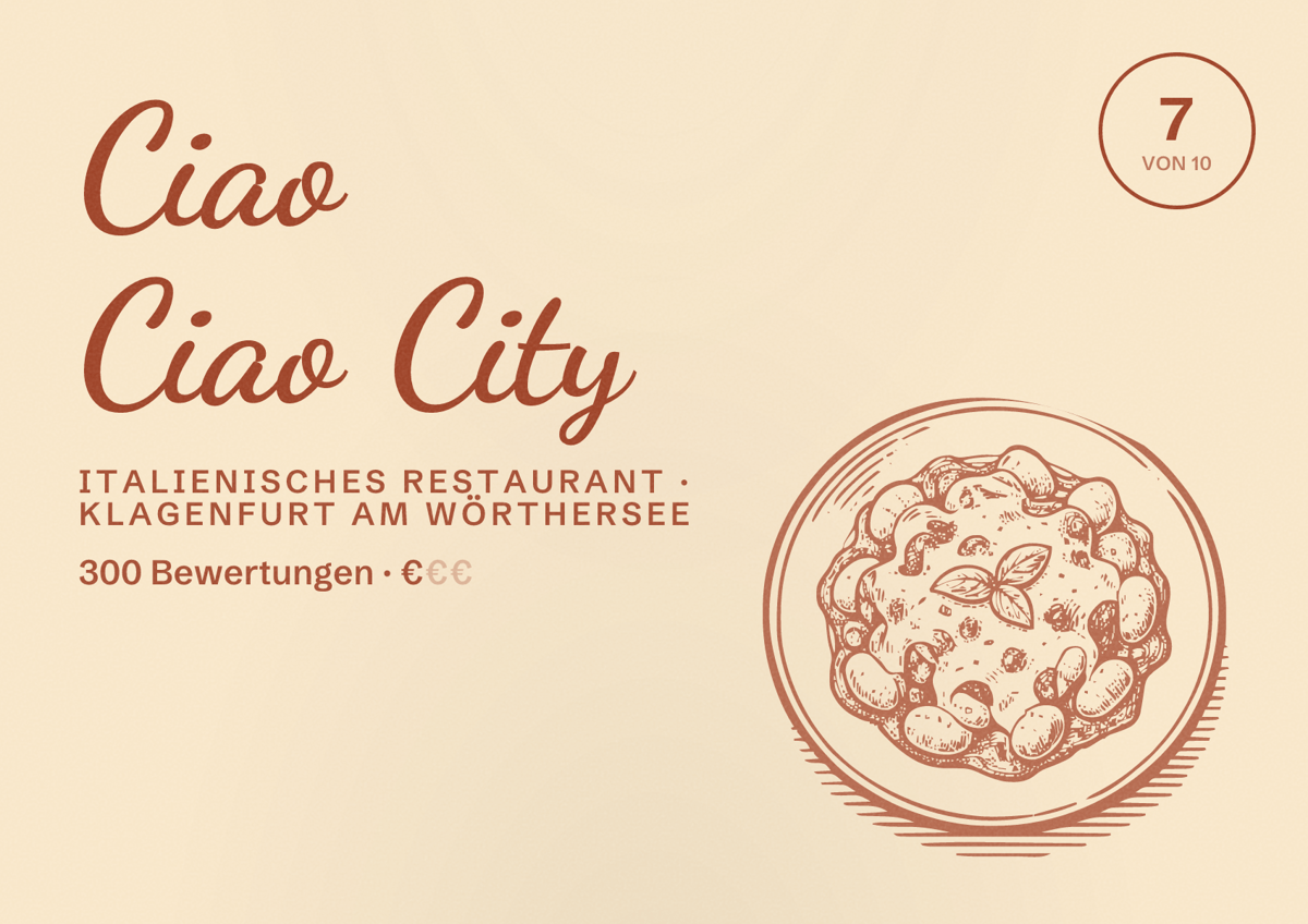 Illustriertes Poster von Ciao Ciao City, Italienisches Restaurant in Klagenfurt am Wörthersee: Bewertung 7 von 10 aus 300 Bewertungen, Preisniveau €
