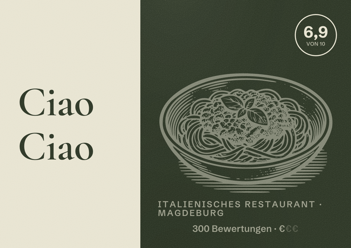 Illustriertes Poster von Ciao Ciao, Italienisches Restaurant in Magdeburg: Bewertung 6,9 von 10 aus 300 Bewertungen, Preisniveau €