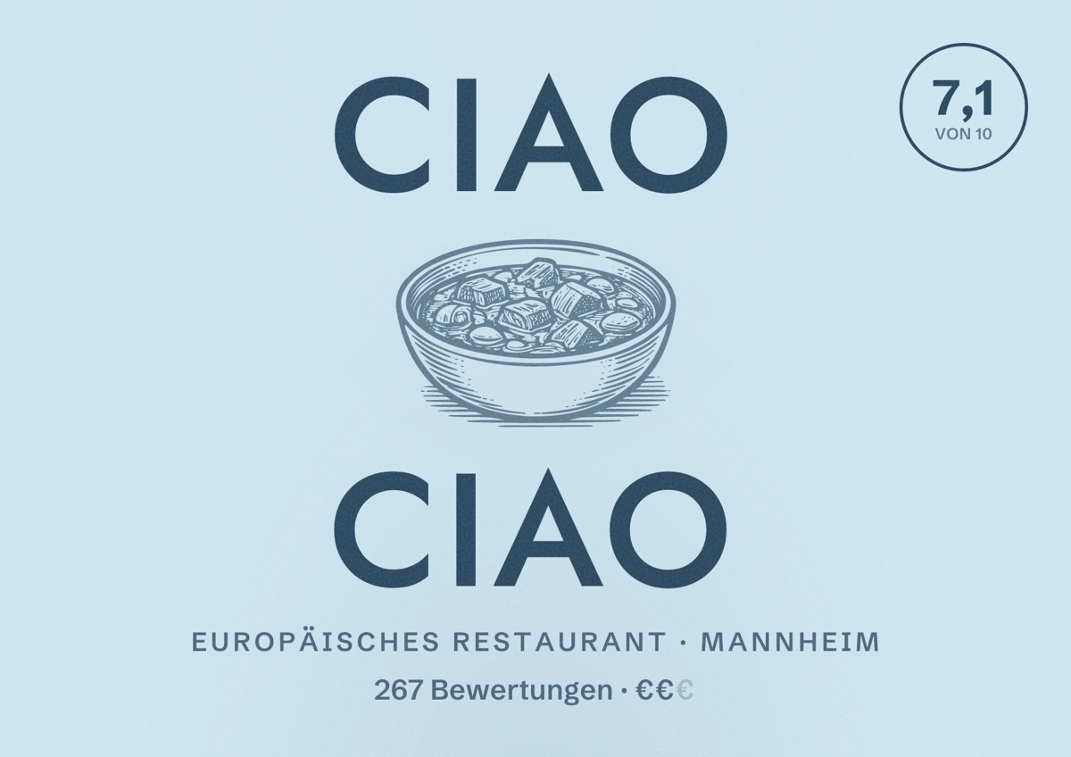 Illustriertes Poster von Ciao Ciao, Europäisches Restaurant in Mannheim: Bewertung 7,1 von 10 aus 267 Bewertungen, Preisniveau €€