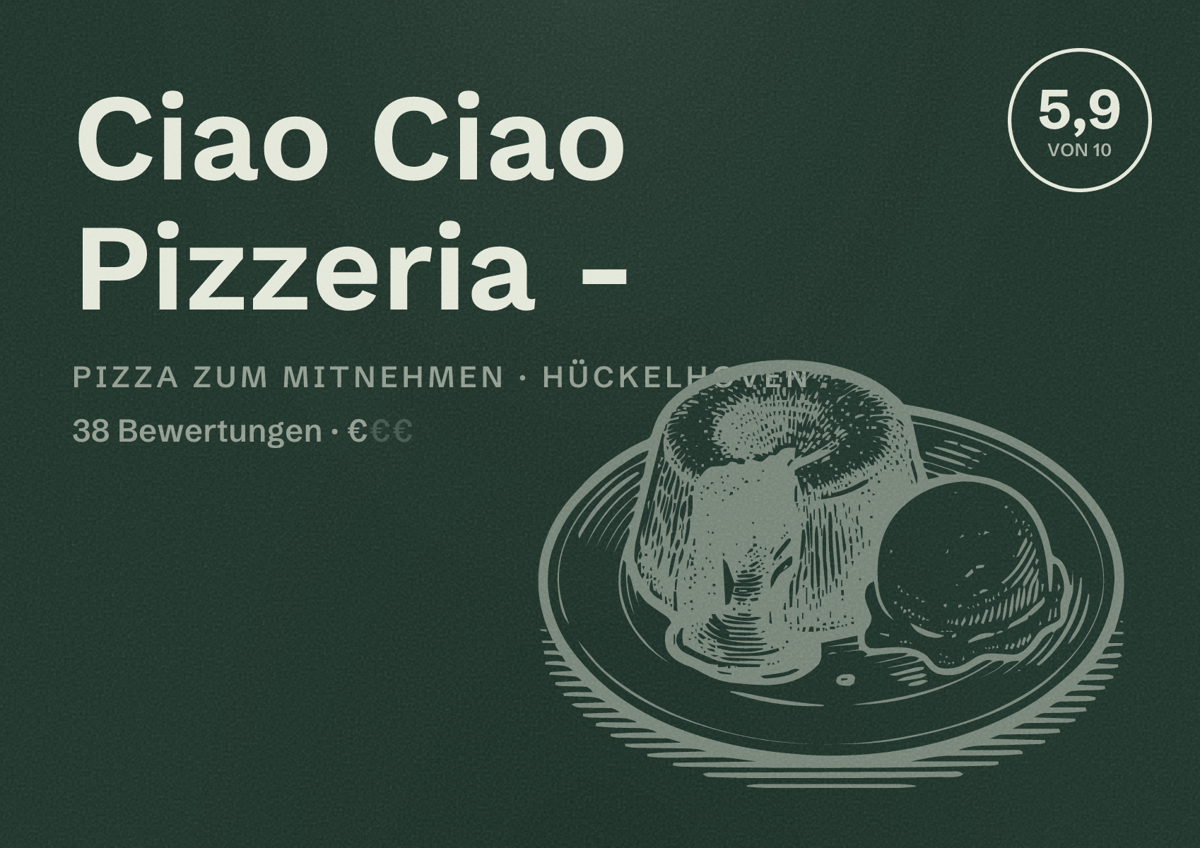Illustriertes Poster von Ciao Ciao Pizzeria -, Pizza zum Mitnehmen in Hückelhoven: Bewertung 5,9 von 10 aus 38 Bewertungen, Preisniveau €
