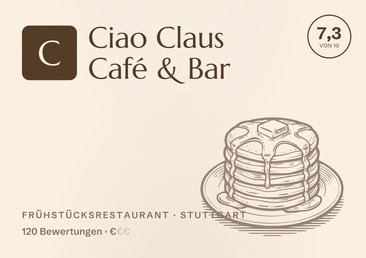 Illustriertes Poster von Ciao Claus Café & Bar, Frühstücksrestaurant in Stuttgart: Bewertung 7,3 von 10 aus 120 Bewertungen, Preisniveau €