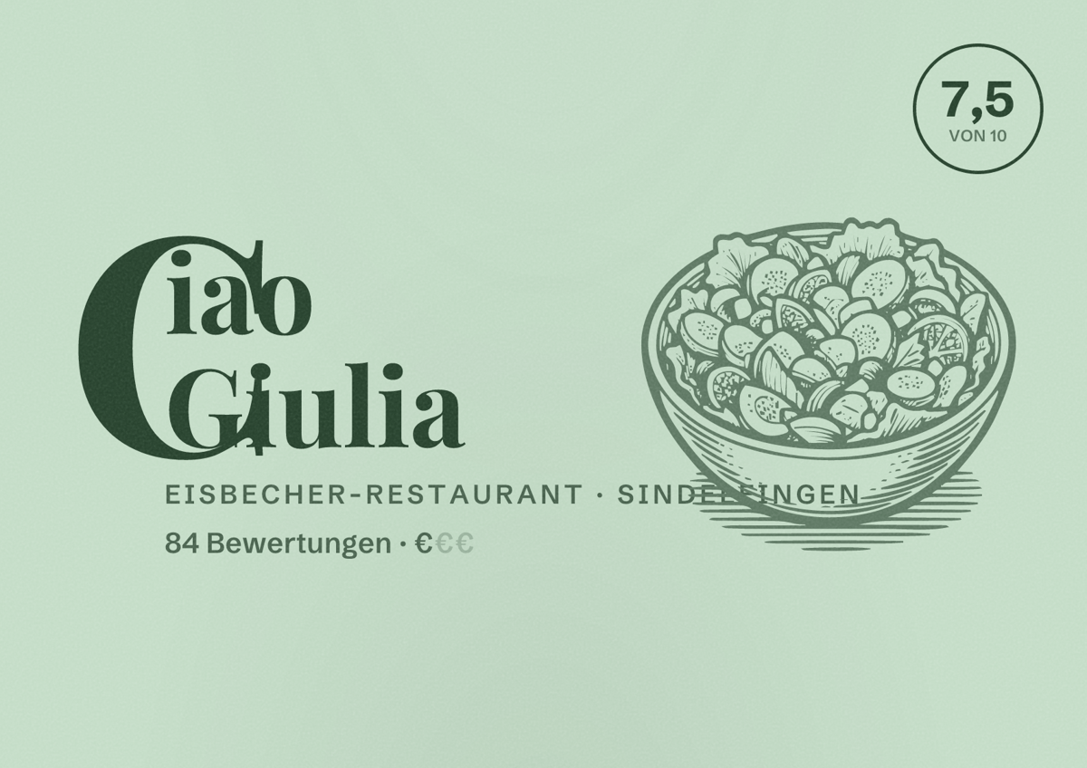 Illustriertes Poster von Ciao Giulia, Eisbecher-Restaurant in Sindelfingen: Bewertung 7,5 von 10 aus 84 Bewertungen, Preisniveau €