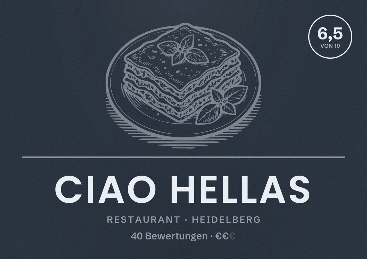 Illustriertes Poster von Ciao HELLAS, Restaurant in Heidelberg: Bewertung 6,5 von 10 aus 40 Bewertungen, Preisniveau €€
