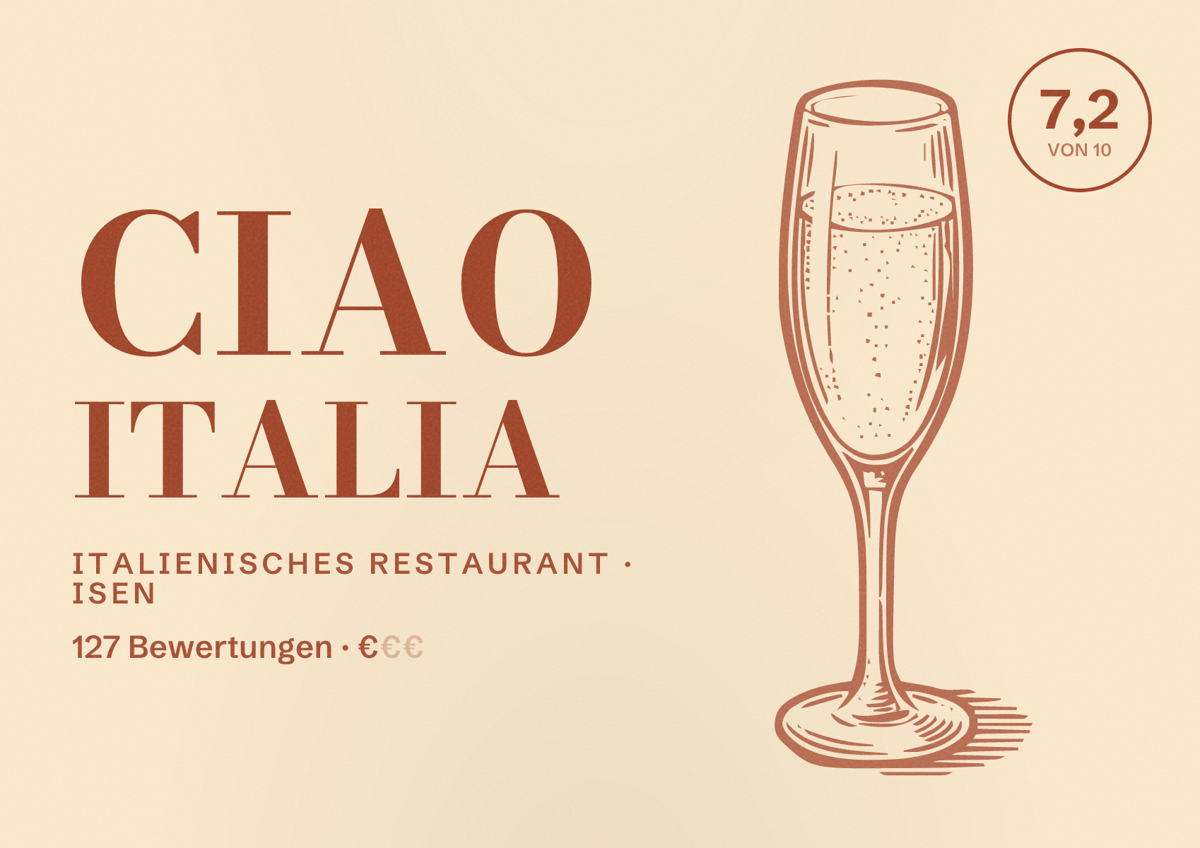 Illustriertes Poster von Ciao Italia, Italienisches Restaurant in Isen: Bewertung 7,2 von 10 aus 127 Bewertungen, Preisniveau €
