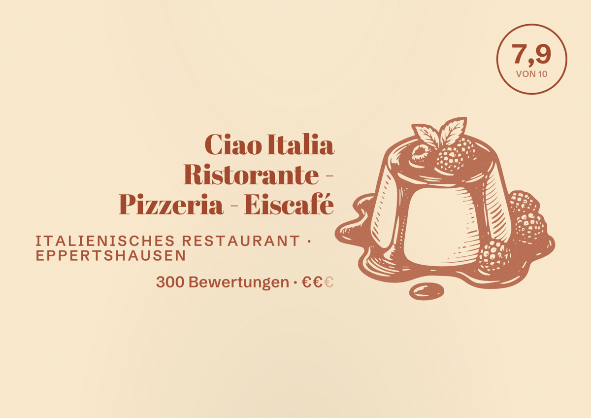 Illustriertes Poster von Ciao Italia Ristorante - Pizzeria - Eiscafé, Italienisches Restaurant in Eppertshausen: Bewertung 7,9 von 10 aus 300 Bewertungen, Preisniveau €€
