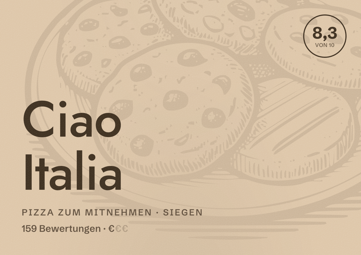Illustriertes Poster von Ciao Italia, Pizza zum Mitnehmen in Siegen: Bewertung 8,3 von 10 aus 159 Bewertungen, Preisniveau €