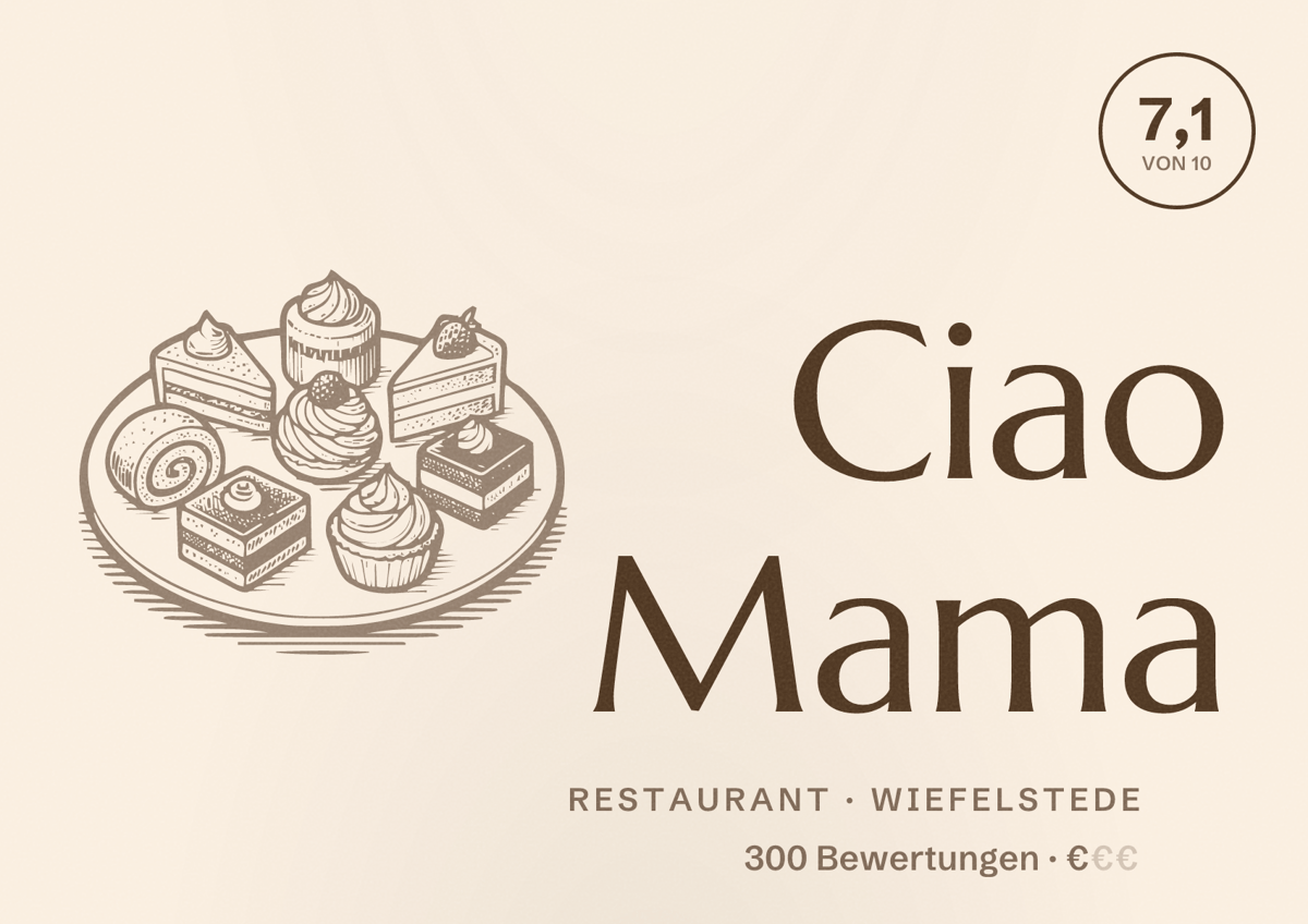Illustriertes Poster von Ciao Mama, Restaurant in Wiefelstede: Bewertung 7,1 von 10 aus 300 Bewertungen, Preisniveau €