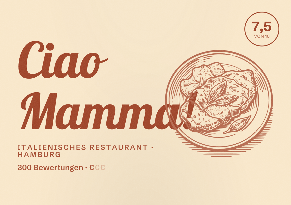 Illustriertes Poster von Ciao Mamma!, Italienisches Restaurant in Hamburg: Bewertung 7,5 von 10 aus 300 Bewertungen, Preisniveau €