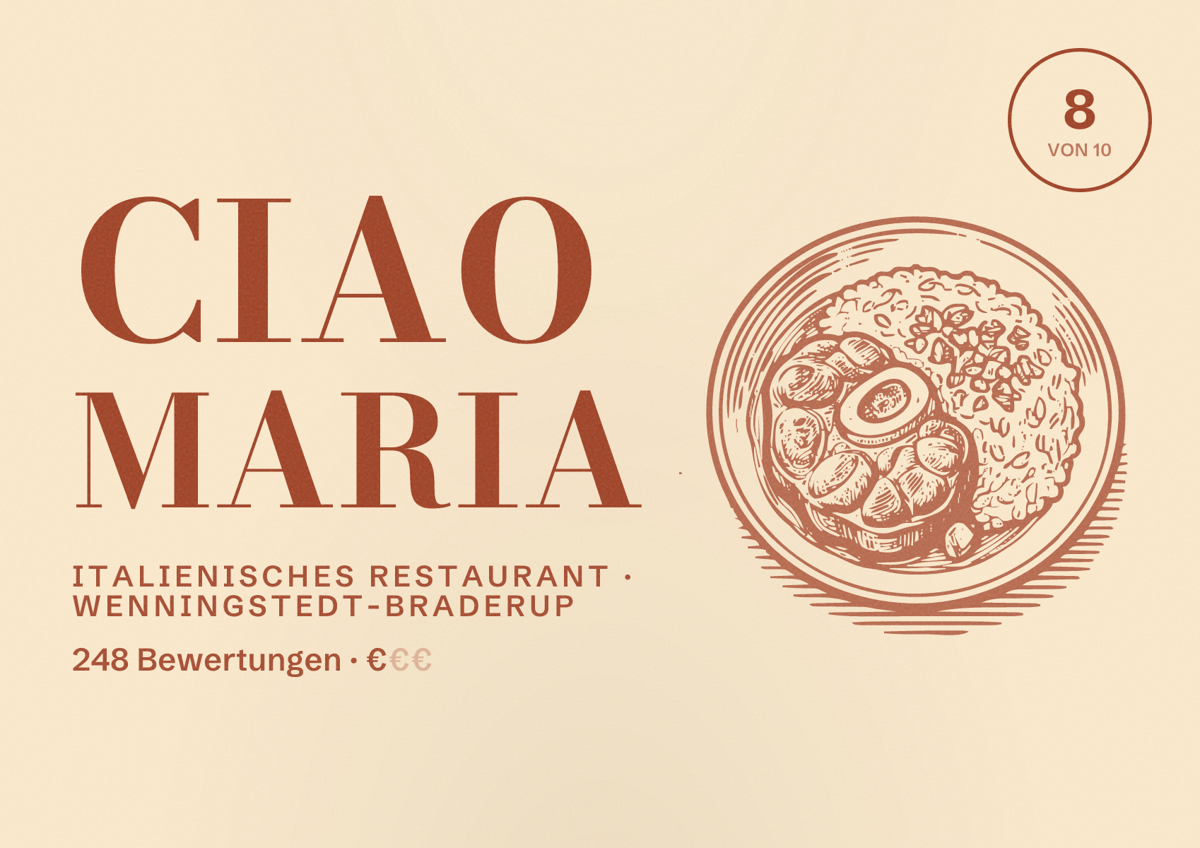 Illustriertes Poster von Ciao Maria, Italienisches Restaurant in Wenningstedt-Braderup: Bewertung 8 von 10 aus 248 Bewertungen, Preisniveau €