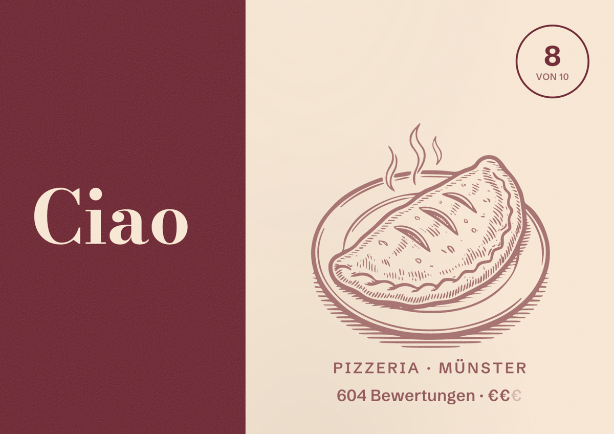 Illustriertes Poster von Ciao, Pizzeria in Münster: Bewertung 8 von 10 aus 604 Bewertungen, Preisniveau €€