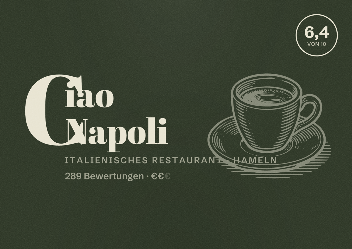 Illustriertes Poster von Ciao Napoli, Italienisches Restaurant in Hameln: Bewertung 6,4 von 10 aus 289 Bewertungen, Preisniveau €€