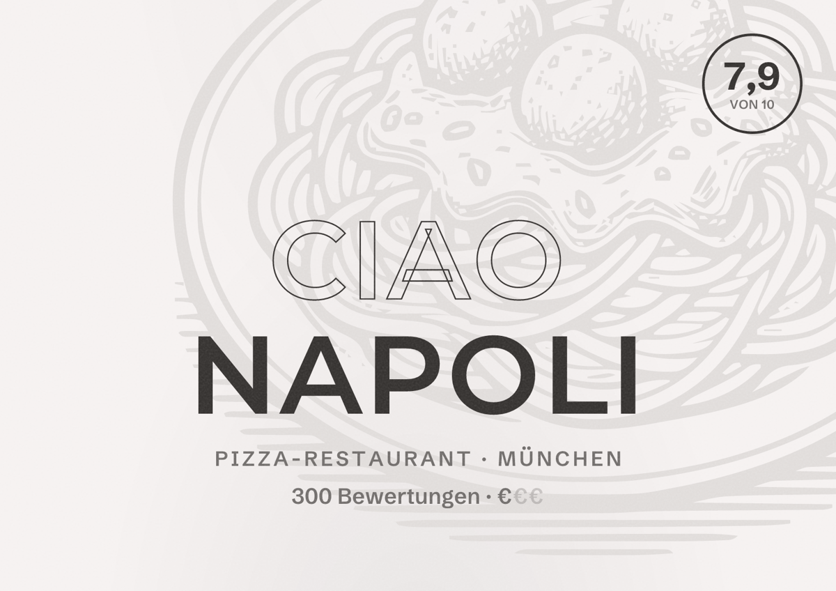 Illustriertes Poster von Ciao Napoli, Pizza-Restaurant in München: Bewertung 7,9 von 10 aus 300 Bewertungen, Preisniveau €