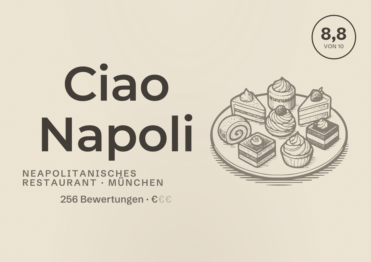 Illustriertes Poster von Ciao Napoli, Neapolitanisches Restaurant in München: Bewertung 8,8 von 10 aus 256 Bewertungen, Preisniveau €