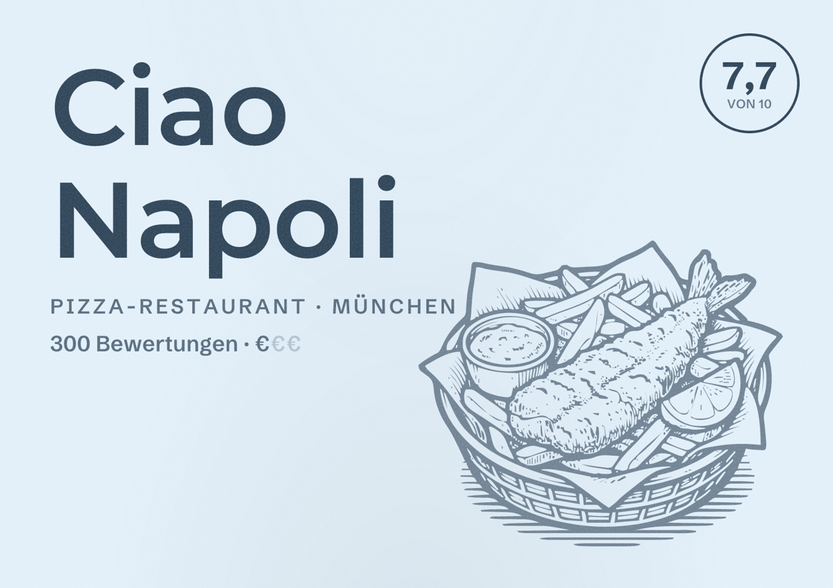 Illustriertes Poster von Ciao Napoli, Pizza-Restaurant in München: Bewertung 7,7 von 10 aus 300 Bewertungen, Preisniveau €