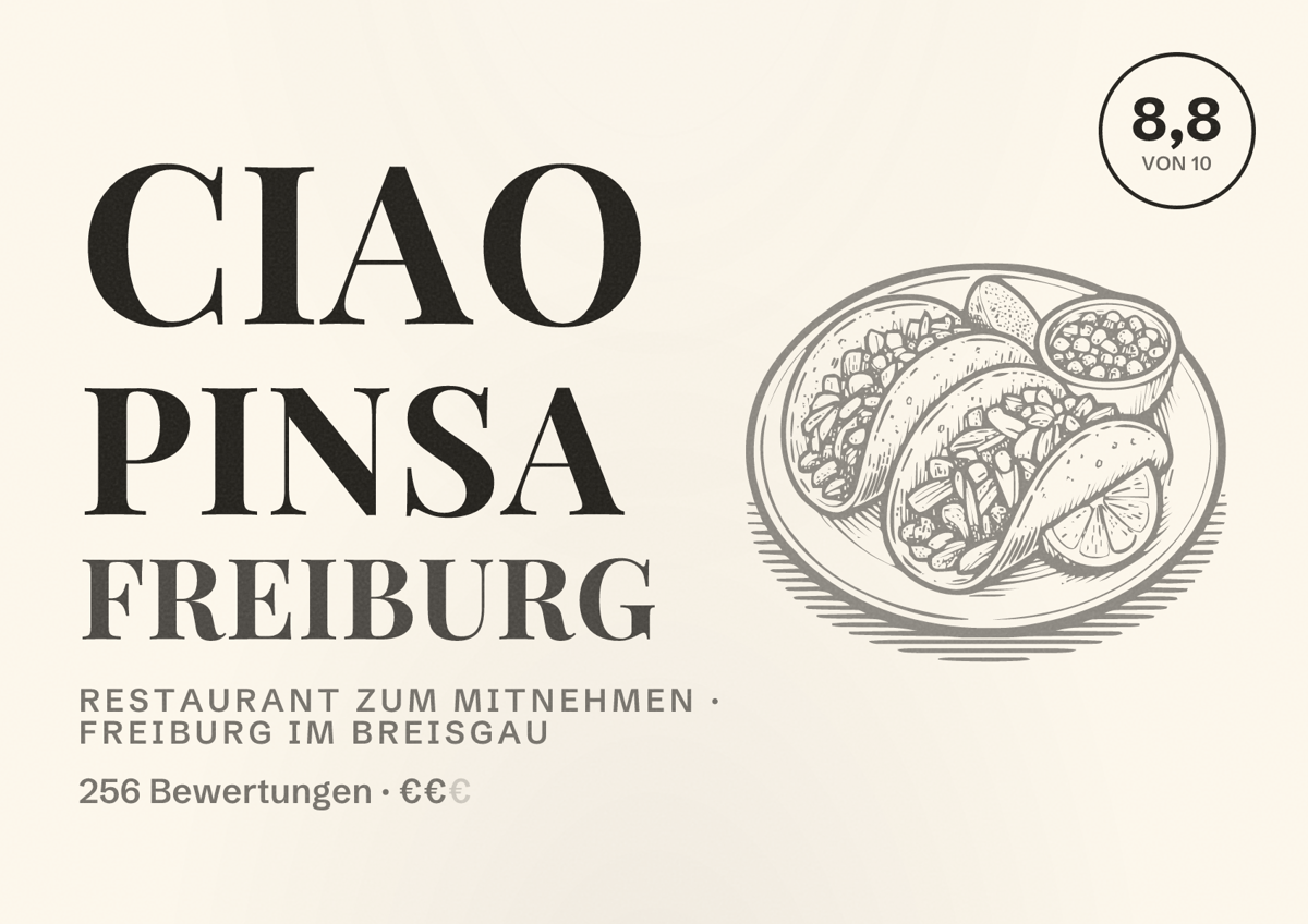 Illustriertes Poster von Ciao Pinsa Freiburg, Restaurant zum Mitnehmen in Freiburg im Breisgau: Bewertung 8,8 von 10 aus 256 Bewertungen, Preisniveau €€
