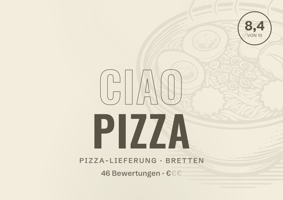 Illustriertes Poster von Ciao Pizza, Pizza-Lieferung in Bretten: Bewertung 8,4 von 10 aus 46 Bewertungen, Preisniveau €
