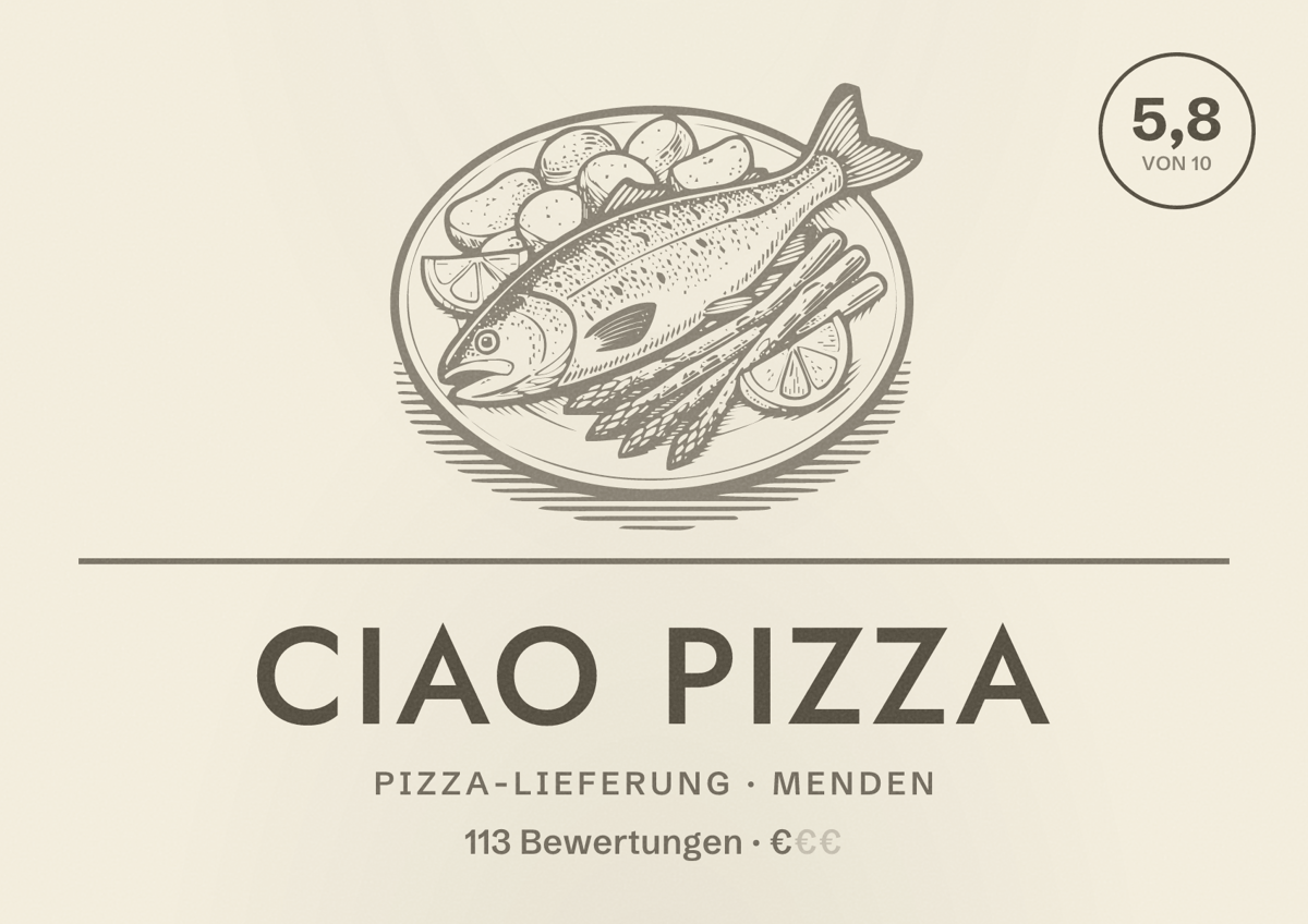 Illustriertes Poster von Ciao Pizza, Pizza-Lieferung in Menden: Bewertung 5,8 von 10 aus 113 Bewertungen, Preisniveau €