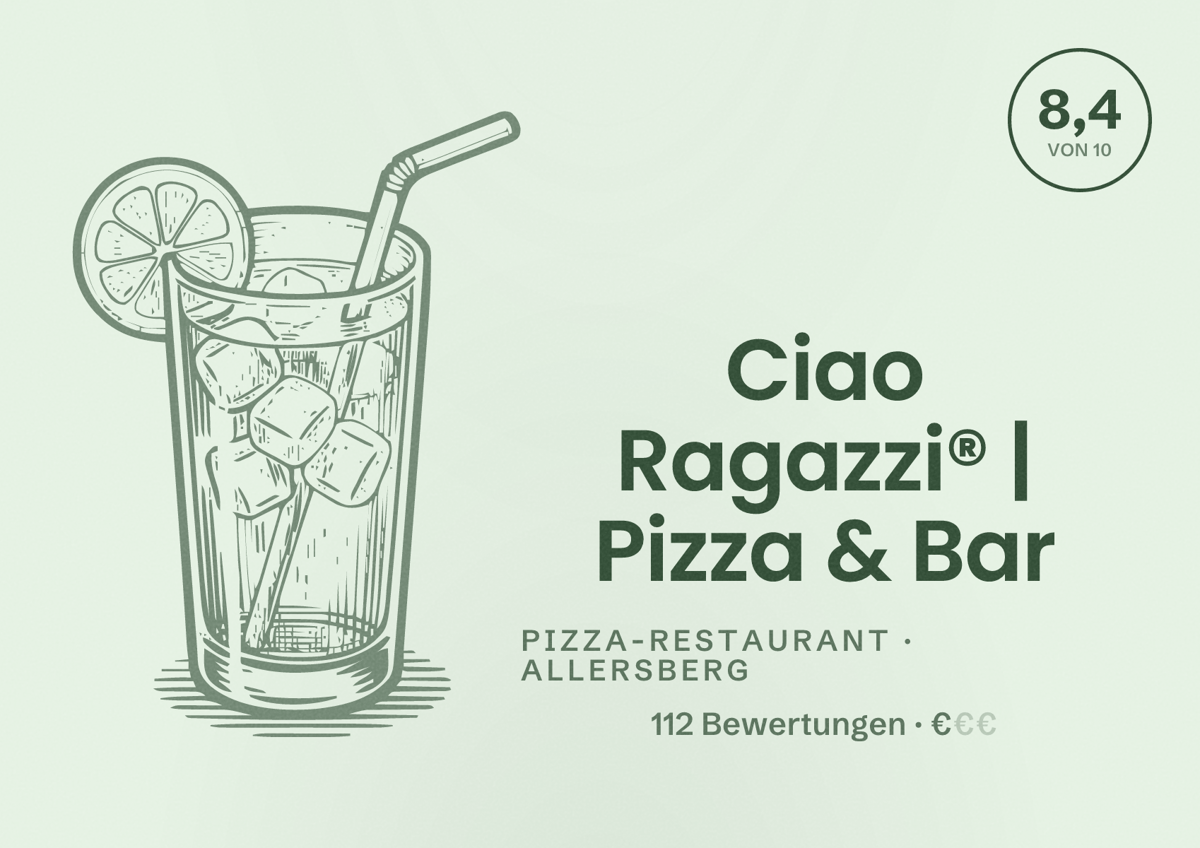 Illustriertes Poster von Ciao Ragazzi® | Pizza & Bar, Pizza-Restaurant in Allersberg: Bewertung 8,4 von 10 aus 112 Bewertungen, Preisniveau €