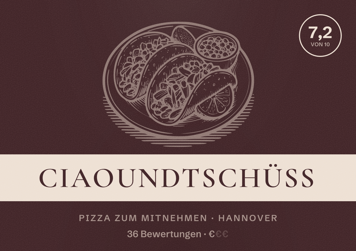 Illustriertes Poster von CIAOundTSCHÜSS, Pizza zum Mitnehmen in Hannover: Bewertung 7,2 von 10 aus 36 Bewertungen, Preisniveau €