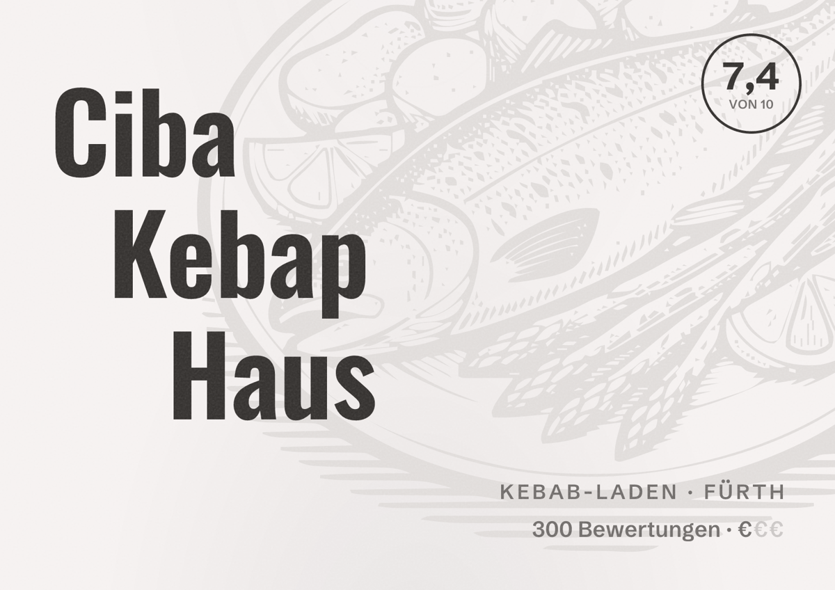 Illustriertes Poster von Ciba Kebap Haus, Kebab-Laden in Fürth: Bewertung 7,4 von 10 aus 300 Bewertungen, Preisniveau €