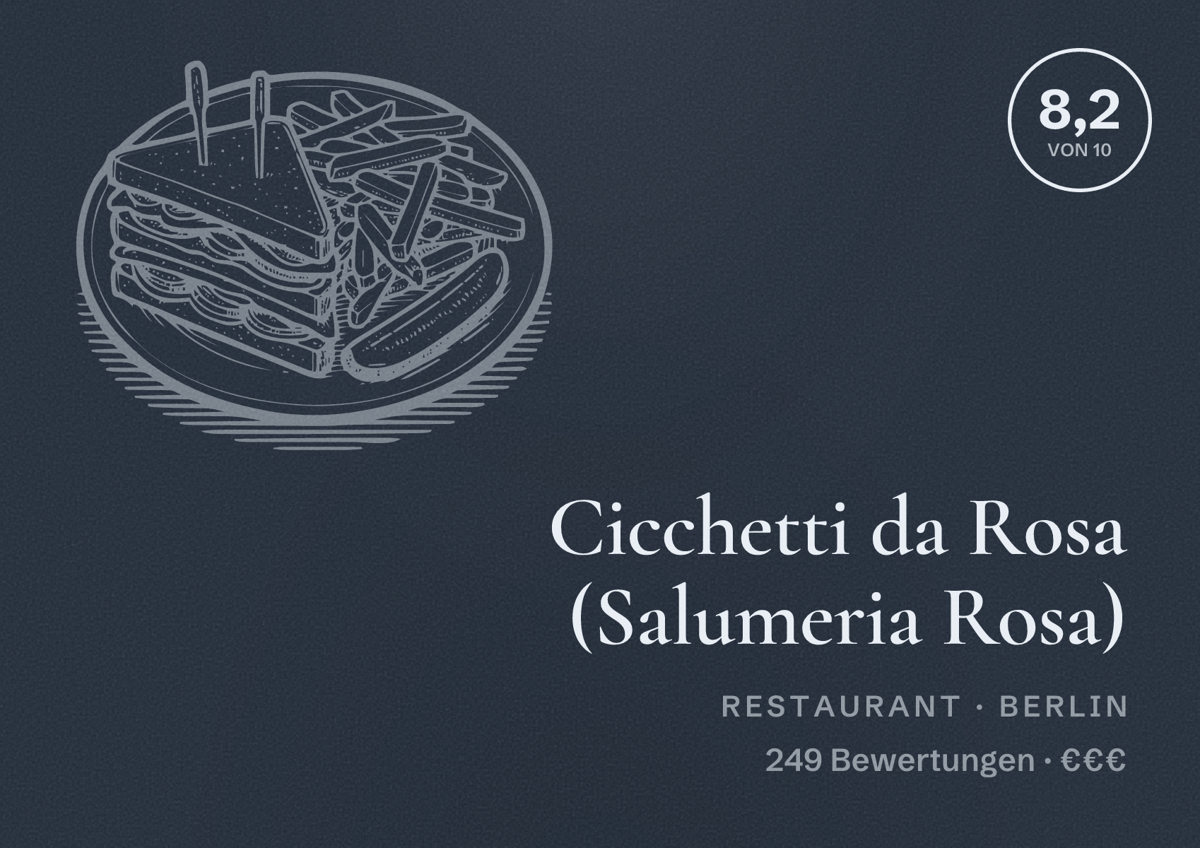 Illustriertes Poster von Cicchetti da Rosa (Salumeria Rosa), Restaurant in Berlin: Bewertung 8,2 von 10 aus 249 Bewertungen, Preisniveau €€€