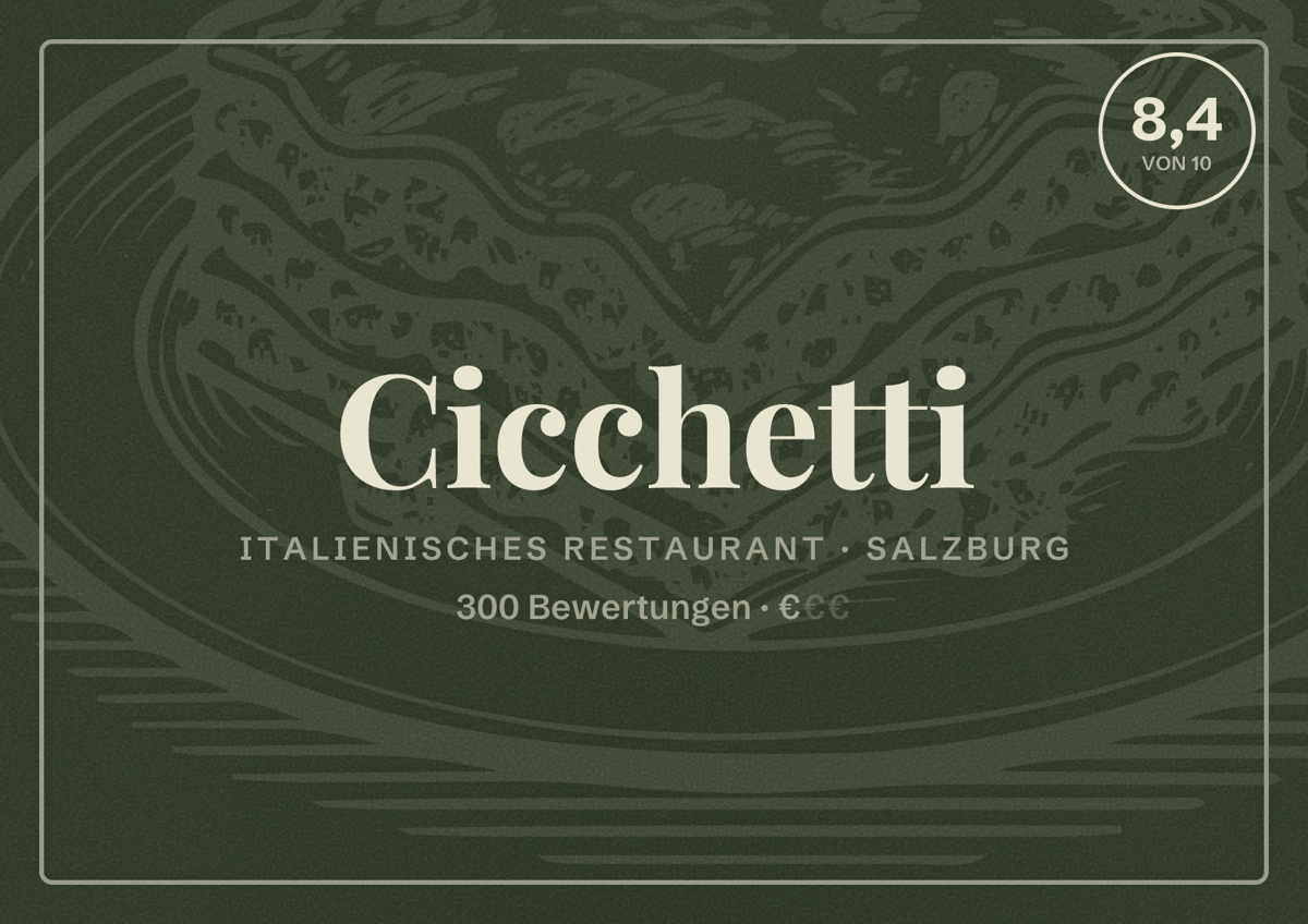 Illustriertes Poster von Cicchetti, Italienisches Restaurant in Salzburg: Bewertung 8,4 von 10 aus 300 Bewertungen, Preisniveau €