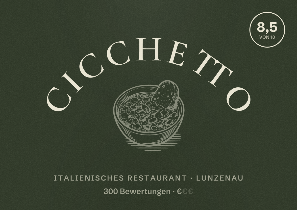 Illustriertes Poster von Cicchetto, Italienisches Restaurant in Lunzenau: Bewertung 8,5 von 10 aus 300 Bewertungen, Preisniveau €
