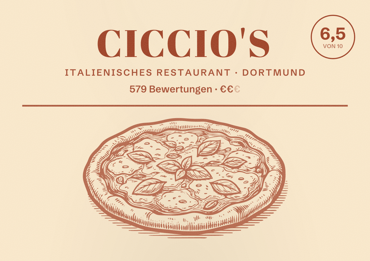 Illustriertes Poster von Ciccio's, Italienisches Restaurant in Dortmund: Bewertung 6,5 von 10 aus 579 Bewertungen, Preisniveau €€