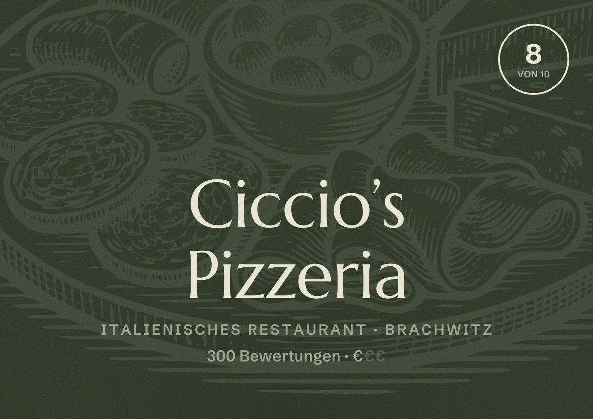 Illustriertes Poster von Ciccio’s Pizzeria, Italienisches Restaurant in Brachwitz: Bewertung 8 von 10 aus 300 Bewertungen, Preisniveau €