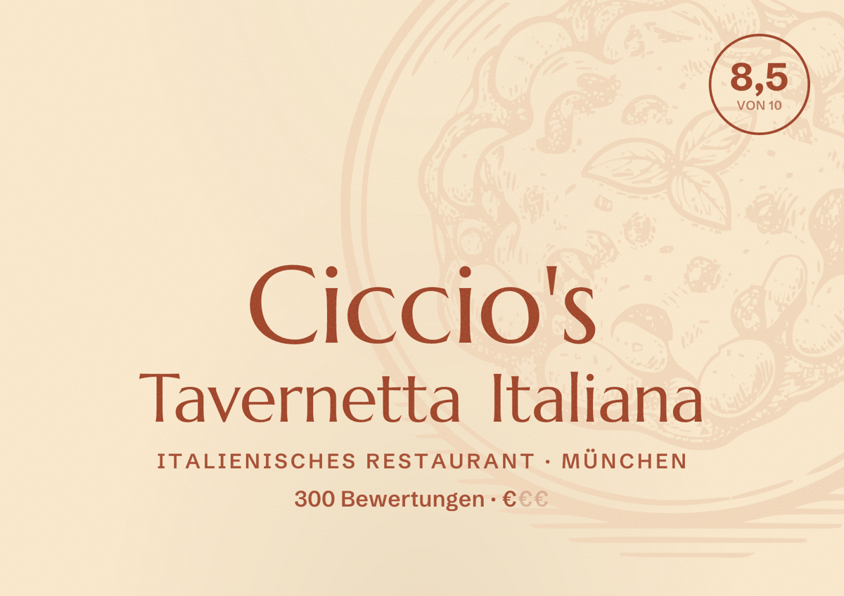 Illustriertes Poster von Ciccio's Tavernetta Italiana, Italienisches Restaurant in München: Bewertung 8,5 von 10 aus 300 Bewertungen, Preisniveau €