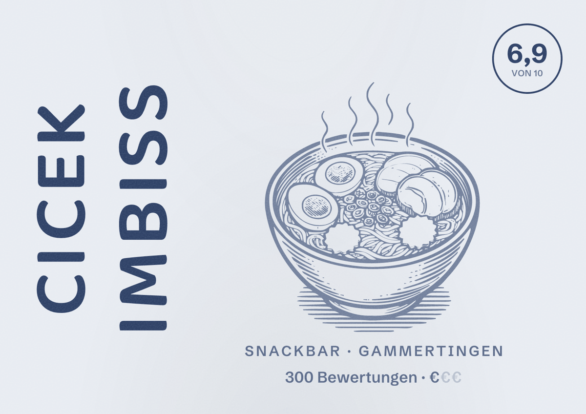 Illustriertes Poster von Cicek Imbiss, Snackbar in Gammertingen: Bewertung 6,9 von 10 aus 300 Bewertungen, Preisniveau €
